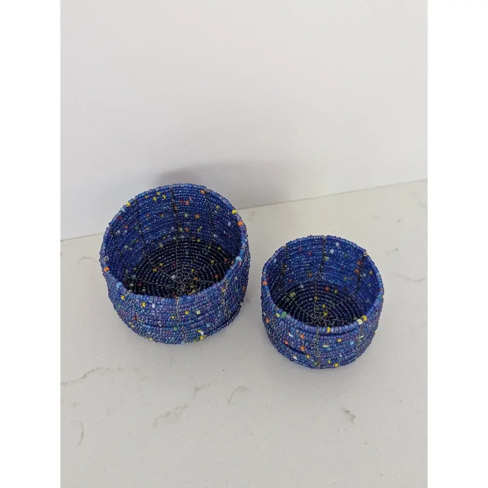 Vtg Handcrafted Zulu South African Wire&Seed Bead Trinket Bowls Set Of 2 Imbenge
